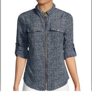 Michael Kors Navy and Green Floral Blouse with front zipper closure /size S